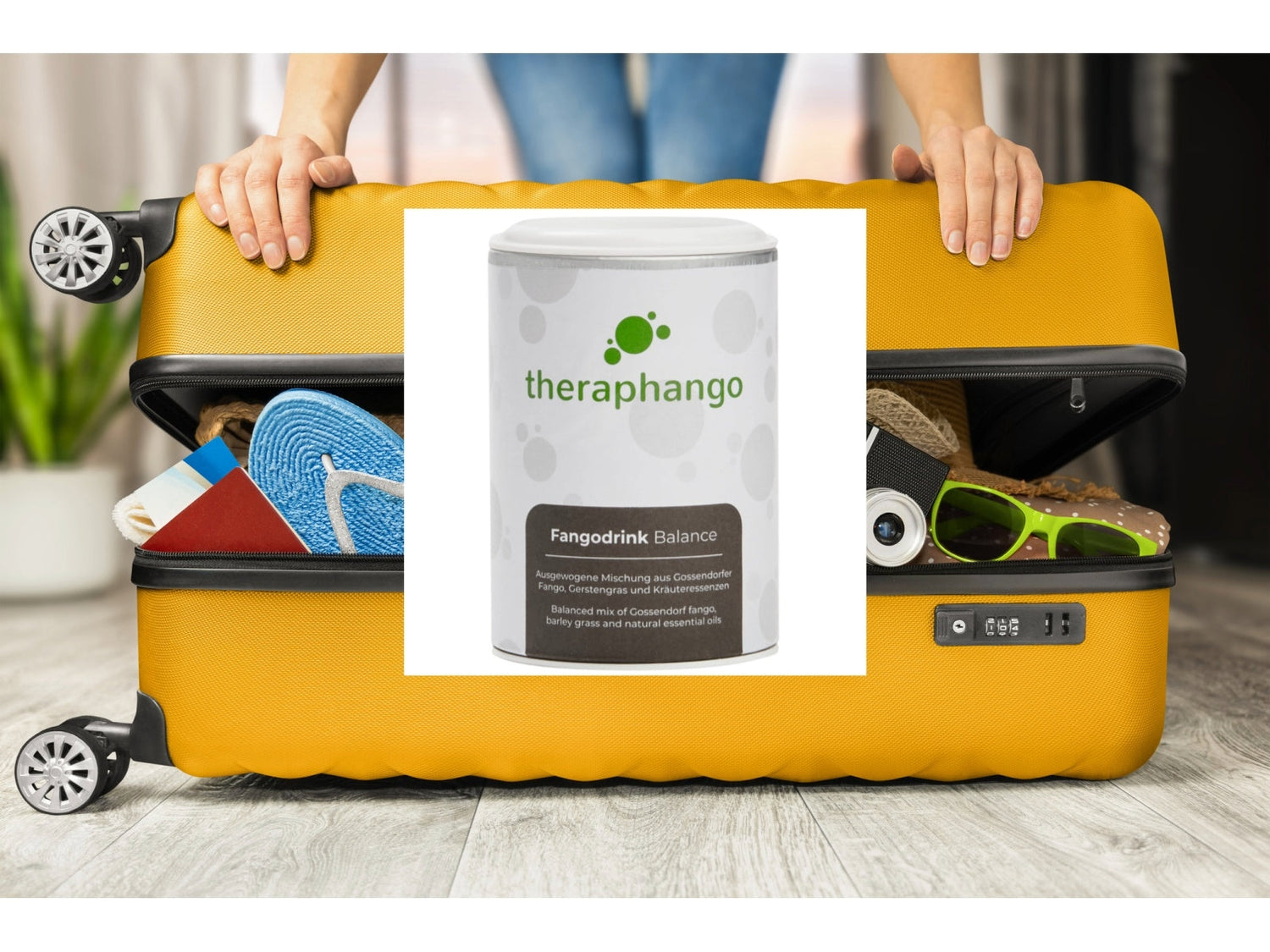 Koffer, der gerade geschlossen wird mit dem Fangodrink Balance
